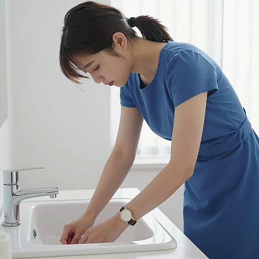 Woman in Blue Dress Leaning Over Sink