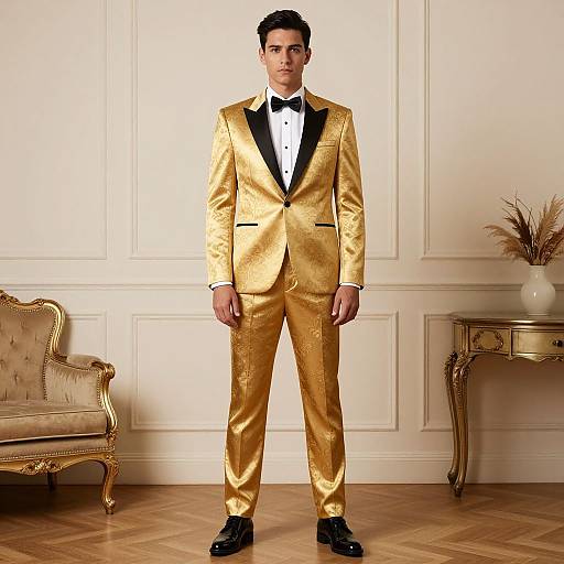 Photograph of a man in a gold satin tuxedo with black lapels, white shirt, black bow tie, standing in an elegant room with
