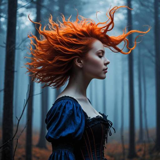 Side Profile of Woman with Fiery Red Hair in Misty Forest