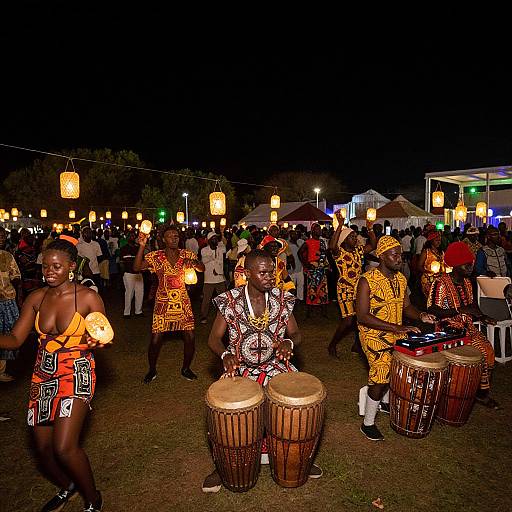 Nighttime African cultural festival photo of drummers in colorful, patterned dresses, illuminated by hanging lanterns, surrounded by a lively crowd.