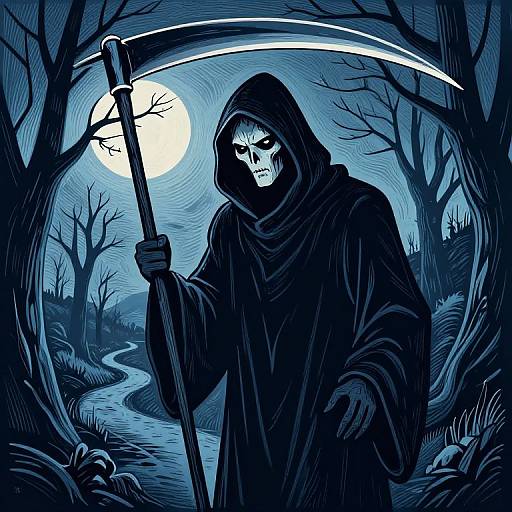 Digital illustration of a grim Reaper with a skeletal face, holding a scythe, standing in a dark, moonlit forest path. Blue monochrome.