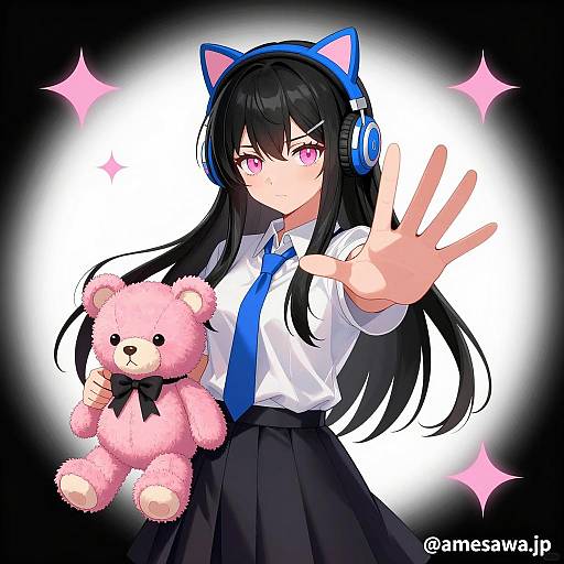 Anime Girl with Cat Ear Headphones and Pink Teddy Bear