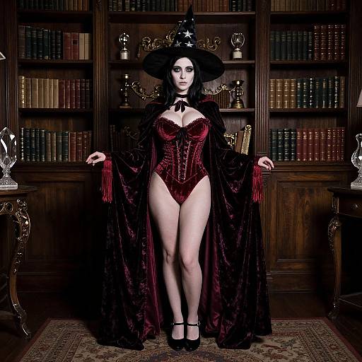 Photograph of a pale-skinned woman in a dark red corset, black witch hat, and long velvet cloak, standing in a dimly lit