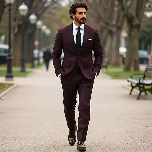 Photograph of a handsome, dark-haired man with a beard, wearing a black suit, white shirt, and black tie, walking confidently down a park