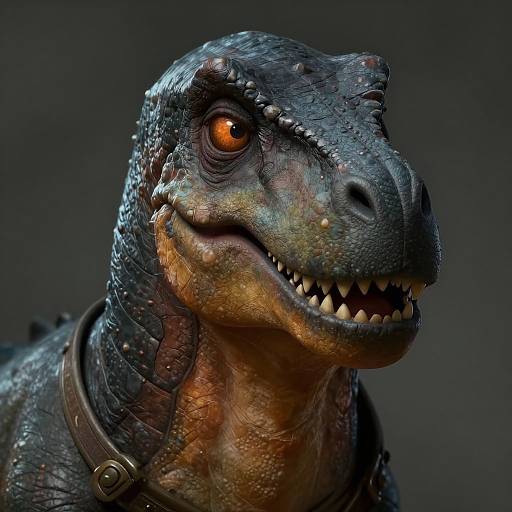 Photorealistic CGI of a menacing, textured, black and green dinosaur with glowing orange eye, sharp teeth, and a brown leather collar against a dark