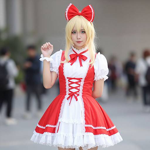 Blonde cosplayer in red and white frilled dress, large red bow, white lace cuffs, posing outdoors with blurred background. Photorealistic CGI