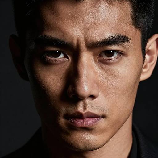 Close-up photograph of a serious, young Asian man with short black hair, dark eyes, and slightly parted lips, set against a dark background. His