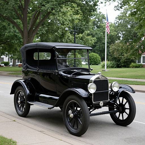 Photograph of a shiny black vintage car with a closed top, round headlights, and black spoked wheels, parked on a quiet street with lush green