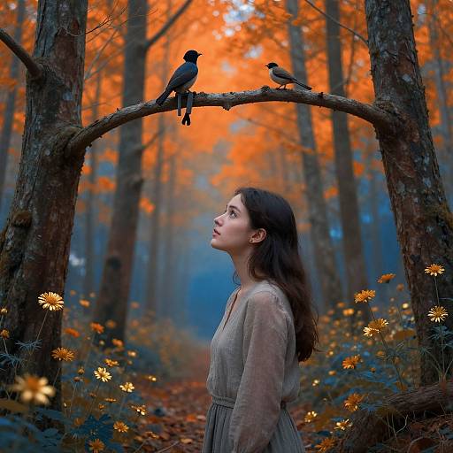 Photograph of a young woman with long brown hair, wearing a beige dress, gazing up at two blackbirds on a tree branch in an autumn