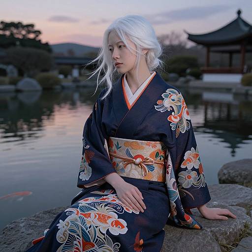 Photograph of a serene Asian woman with white hair, wearing a black floral kimono, sitting by a tranquil pond at sunset.