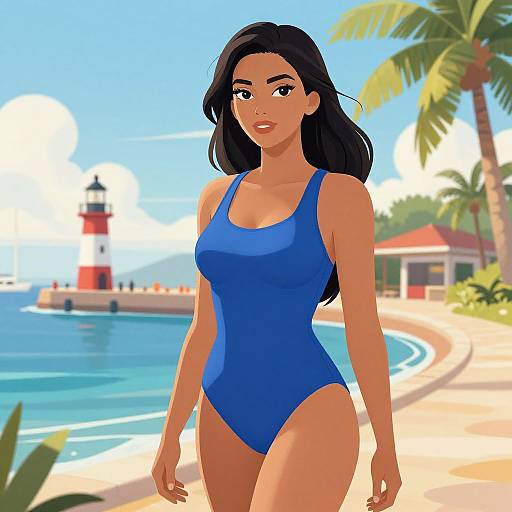 Digital illustration of a beautiful woman with long black hair, wearing a blue one-piece swimsuit, standing on a sunny tropical beach with a lighthouse and