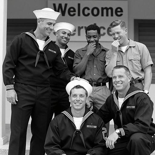 Black and White Photo of Navy Sailors and Men