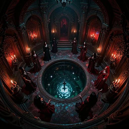 Dark, gothic photograph of an ornate, circular room with red-lit candelabras, cloaked figures surrounding a glowing, reflective pool from