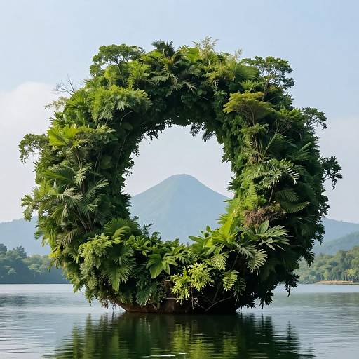 Photograph of a lush, circular green wreath floating on a calm lake, with a misty mountain and forested shoreline in the background.