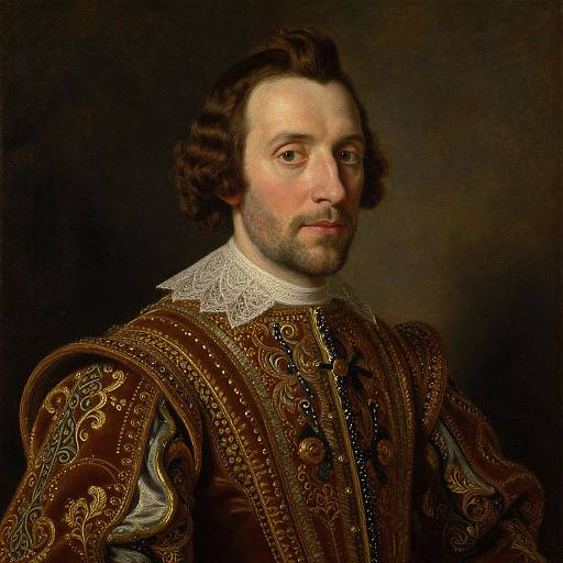 Baroque-style portrait of a fair-skinned man with curly brown hair, light beard, wearing ornate, embroidered brown velvet doublet with white lace