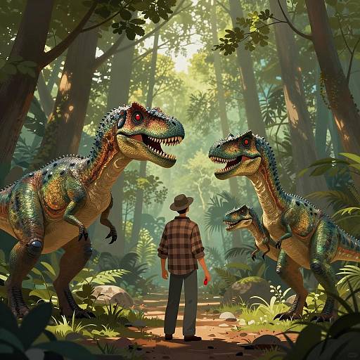 Man Facing Three Velociraptors in Forest