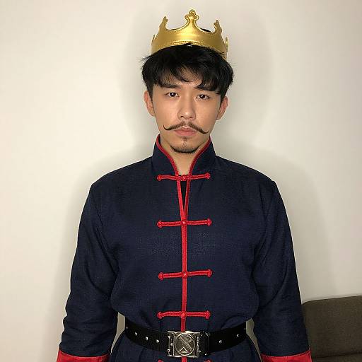 Asian man with black hair, mustache, wearing black Chinese-style tunic with red ties, gold crown, and black belt, against white background.