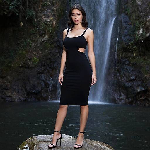 Photograph of a young woman with medium skin tone, black wavy hair, wearing a black cut-out dress, and high heels, standing on a