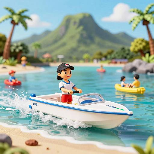 Digital cartoon of a young boy with tan skin, black hair, wearing a black cap and red shorts, driving a white speedboat on a tropical beach
