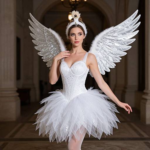Photograph of a fair-skinned female ballerina with white feathered wings and a tiara, wearing a white, lace-embellished
