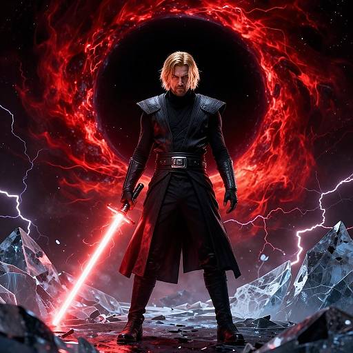 Digital art of a blonde-haired warrior with shoulder armor, black coat, and gloves, standing amid red lightning and crystal shards.