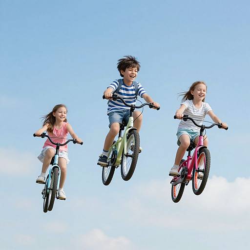 Photograph of three children, two girls and one boy, joyfully riding bicycles in mid-air against a clear blue sky.