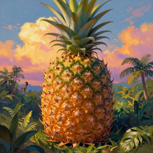 Vivid digital painting of a large, glowing pineapple with spiky green leaves, set against a colorful sunset sky with pink clouds and palm trees in lush