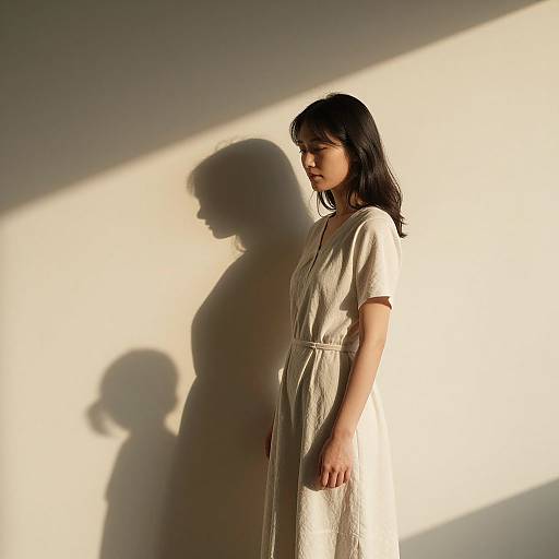 Photograph of an Asian woman with long black hair in a white dress, standing in shadows, sunlight casting a distinct silhouette.