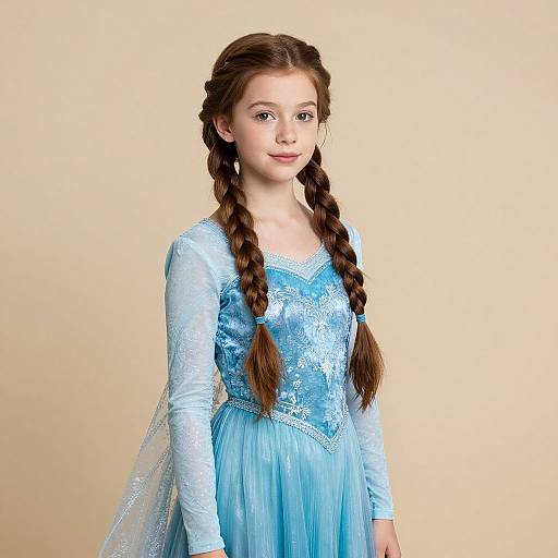 Photograph of a young girl with fair skin and brown braided hair, wearing a light blue, long-sleeved, Elsa-style dress with white