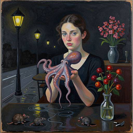 Digital painting of a woman with fair skin and dark hair, holding a pink octopus, surrounded by mice, red flowers, and a vase, under