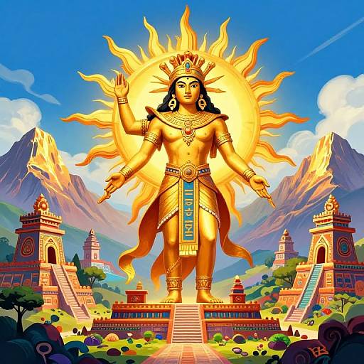 Digital illustration of a golden, sun-emitting deity with four arms, wearing a crown and ornate jewelry, standing on a temple staircase amidst mountains,