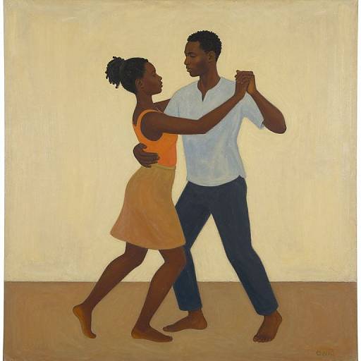Oil painting of a Black couple dancing; woman in orange tank top and skirt, man in white shirt and blue pants, both barefoot.