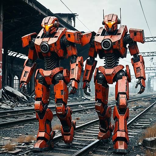 Post-Apocalyptic Red Mech Warriors Scene