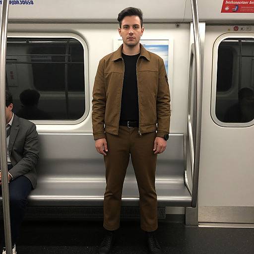 Photograph of a serious-looking man with short dark hair, wearing a brown jacket and black shirt, standing on a brightly lit subway car, with another