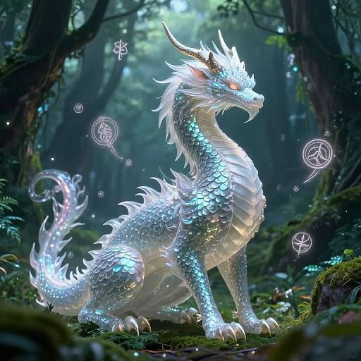 Digital artwork of a glowing, silver-scaled, dragon with white spines, sitting in a mystical forest, surrounded by magical symbols and ethereal light