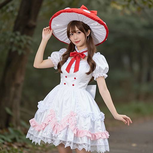 Photograph of an Asian woman in a white frilled dress with pink ruffles, red bow, and red-striped hat, standing in a forest path