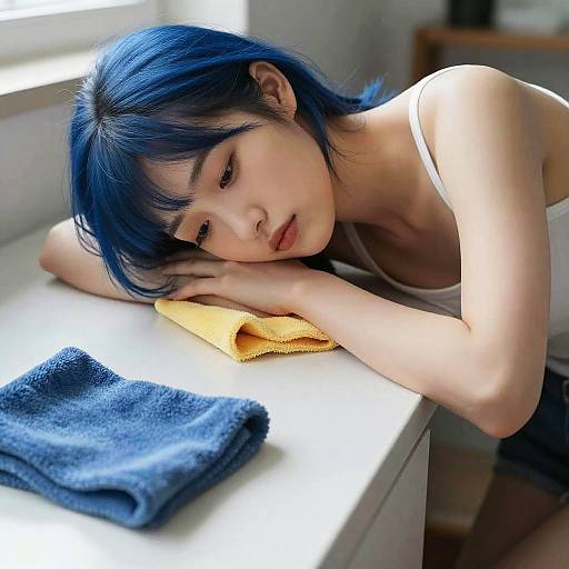 POV Exhausted Blue-Haired Woman Cleaning Apartment