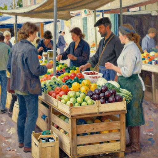 Colorful market scene: Four people, diverse ages and genders, buying fresh produce from a wooden crate stall under a canopy. Bright fruits, vegetables,