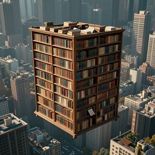 A floating, wooden book-filled skyscraper hovers above a modern cityscape, surrounded by tall buildings under a clear blue sky.