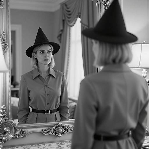 Woman in Witch Hat Looking in Ornate Mirror