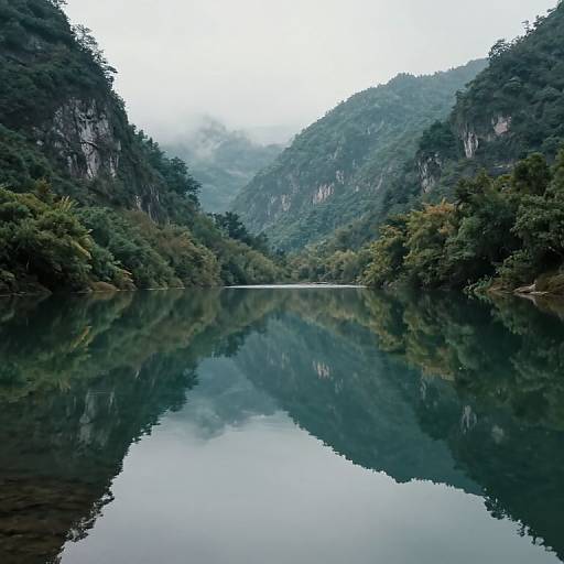 Photograph of a serene, mirror-like lake surrounded by lush, green, mist-covered mountains with dense forest, reflecting the overcast sky.
