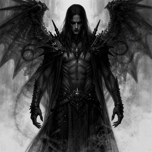 Digital painting of a muscular, dark-winged demon with long hair, sharp spikes, and a menacing expression, standing against a glowing white background.