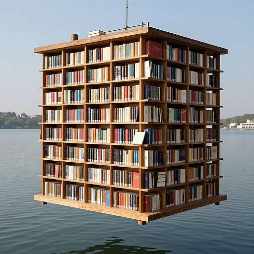 Photorealistic CGI of a floating, cubic wooden bookshelf building with numerous colorful books, set on a calm lake under clear sky.