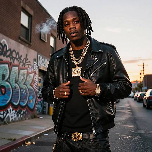 Photograph of a tall, muscular Black man with dreadlocks, wearing a black leather jacket, gold chain, and watch, standing on a graffiti-covered