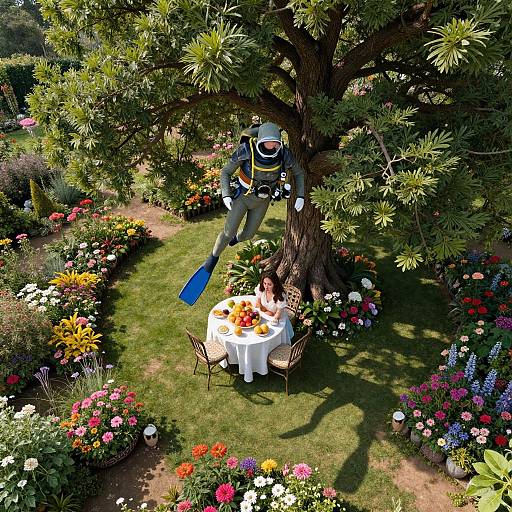 Aerial photograph of a garden: astronaut in spacesuit with blue flipper hangs from tree above couple dining on white table with colorful flowers surrounding. Bright