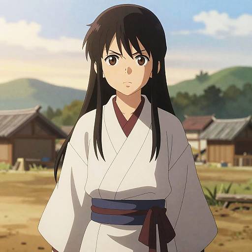 Anime Girl in Traditional Kimono in Village