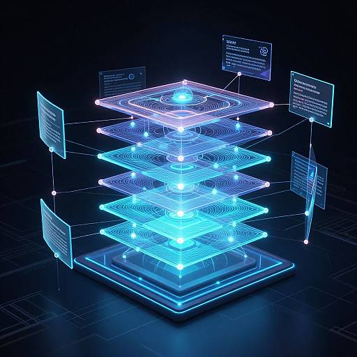 Digital CGI image of a glowing, neon blue, holographic, pyramid-shaped structure with interconnected, luminous, transparent screens displaying text. Dark background enhances