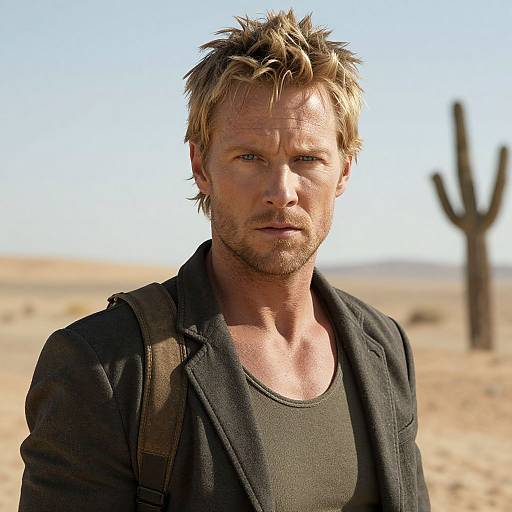 Photograph of a rugged, blond-haired man with spiky hair, stubble, and intense expression, wearing a black jacket over a dark shirt,