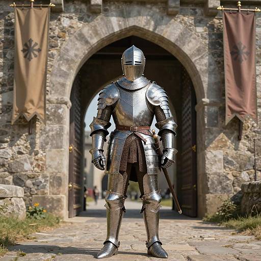 Realistic Medieval Knight Guarding Gate