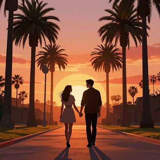 Silhouetted couple holding hands walks down palm-tree-lined street at vibrant sunset; woman in white dress, man in dark suit. Digital art.